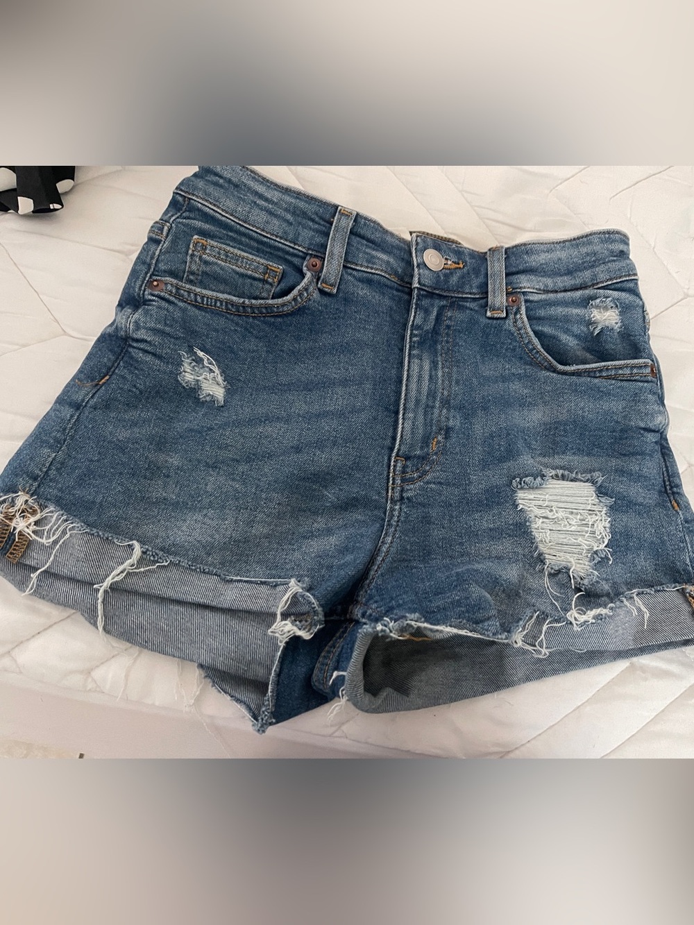 H&M High-Rise Distressed Denim Cutoff Shorts - Blue